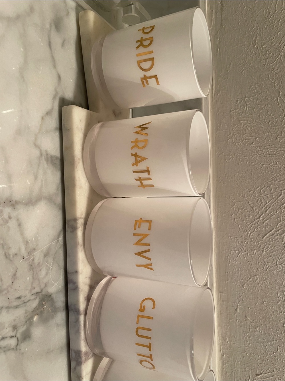 Seven Deadly Sind - White Glass with Gold Lettering - Set of 7